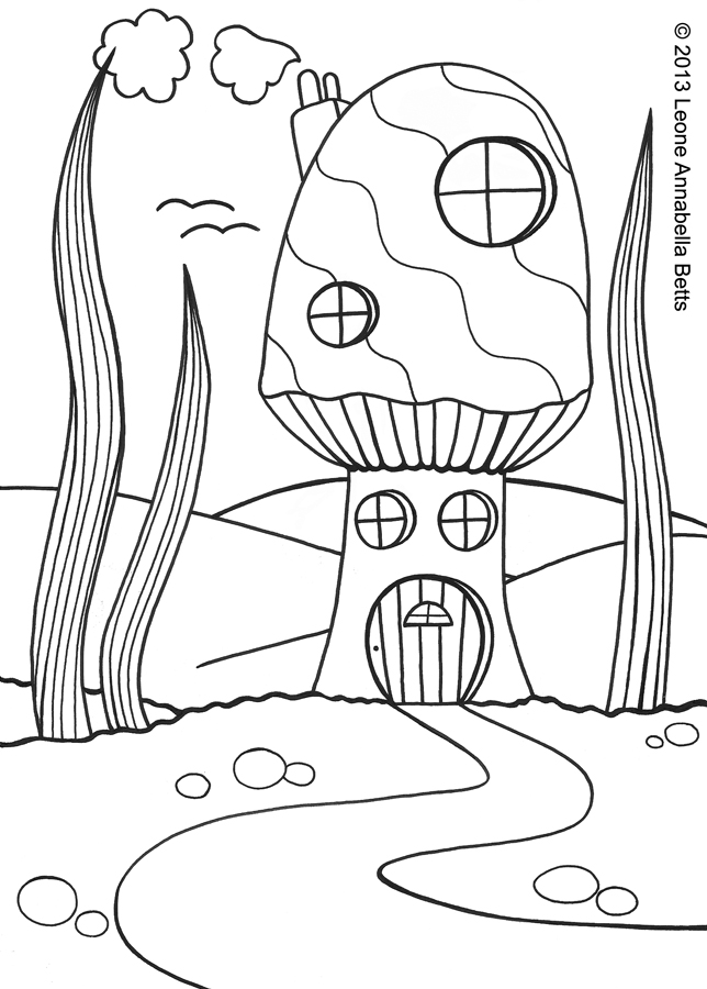 Free picture to colour in of a fairy house made out of a Toadstool
