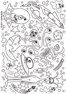 Free kids colouring page depicting aliens and outer space.
