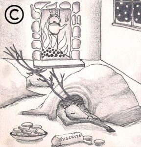 A pencil illustration of a reindeer fast asleep in front of the fire